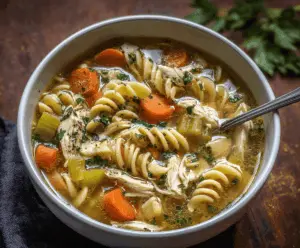 A steaming bowl of Garlic Herb Chicken Noodle Soup featuring tender chicken, fresh herbs, noodles, and vegetables, perfect for comforting and hearty meals.