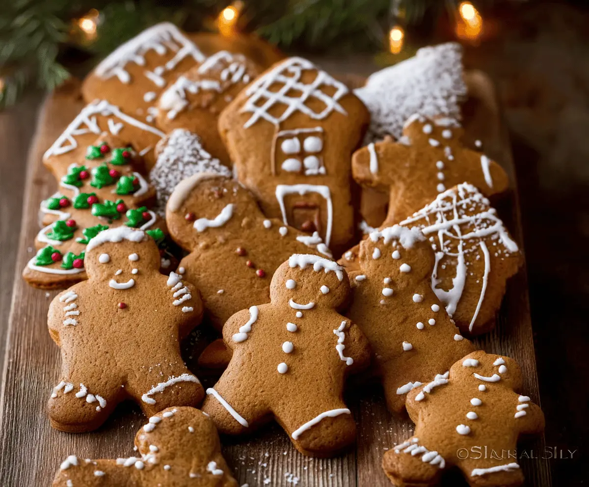 Decorative gingerbread cookies shaped like stars and gingerbread men, featuring festive icing and colorful sprinkles, perfect for holiday baking.
