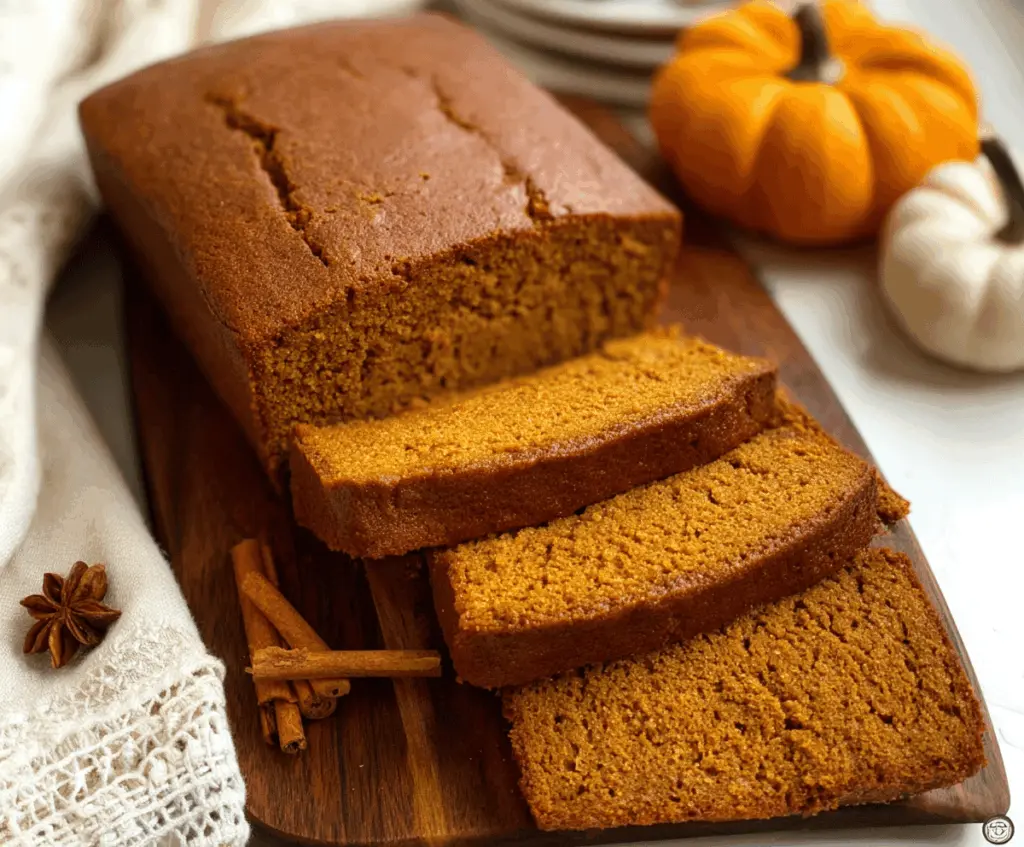 Delicious homemade gluten-free pumpkin bread with a golden crust and moist interior, topped with a sprinkle of cinnamon and a slice served on a plate