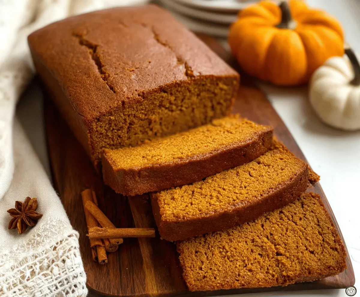 Delicious homemade gluten-free pumpkin bread with a golden crust and moist interior, topped with a sprinkle of cinnamon and a slice served on a plate