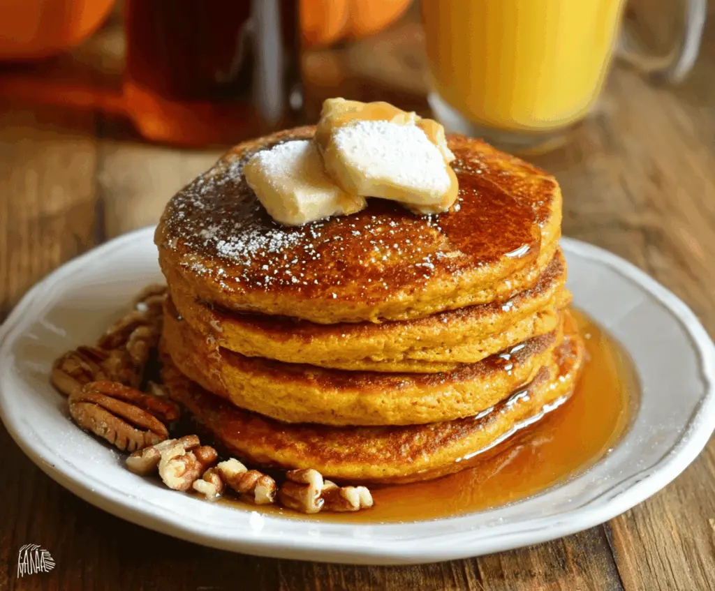 Delicious gluten-free pumpkin pancakes topped with maple syrup and fresh autumn spices on a rustic plate