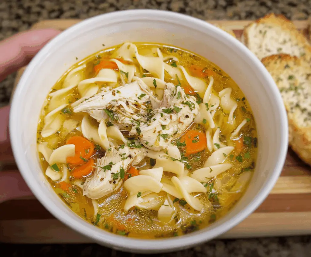 A comforting bowl of Grandma’s homemade chicken noodle soup topped with fresh herbs and vegetables, served in a cozy ceramic bowl.