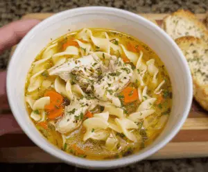 A comforting bowl of Grandma’s homemade chicken noodle soup topped with fresh herbs and vegetables, served in a cozy ceramic bowl.