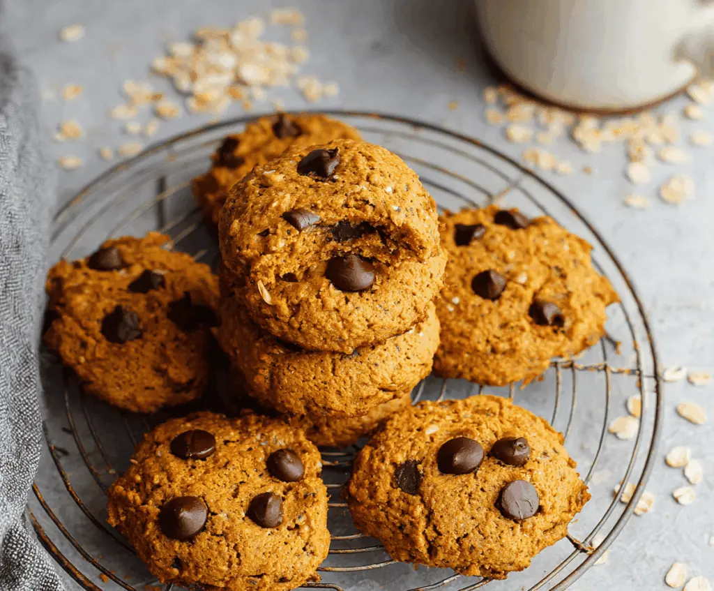 Delicious homemade healthy pumpkin cookies topped with cinnamon and walnuts on a rustic wooden table, perfect for fall desserts.