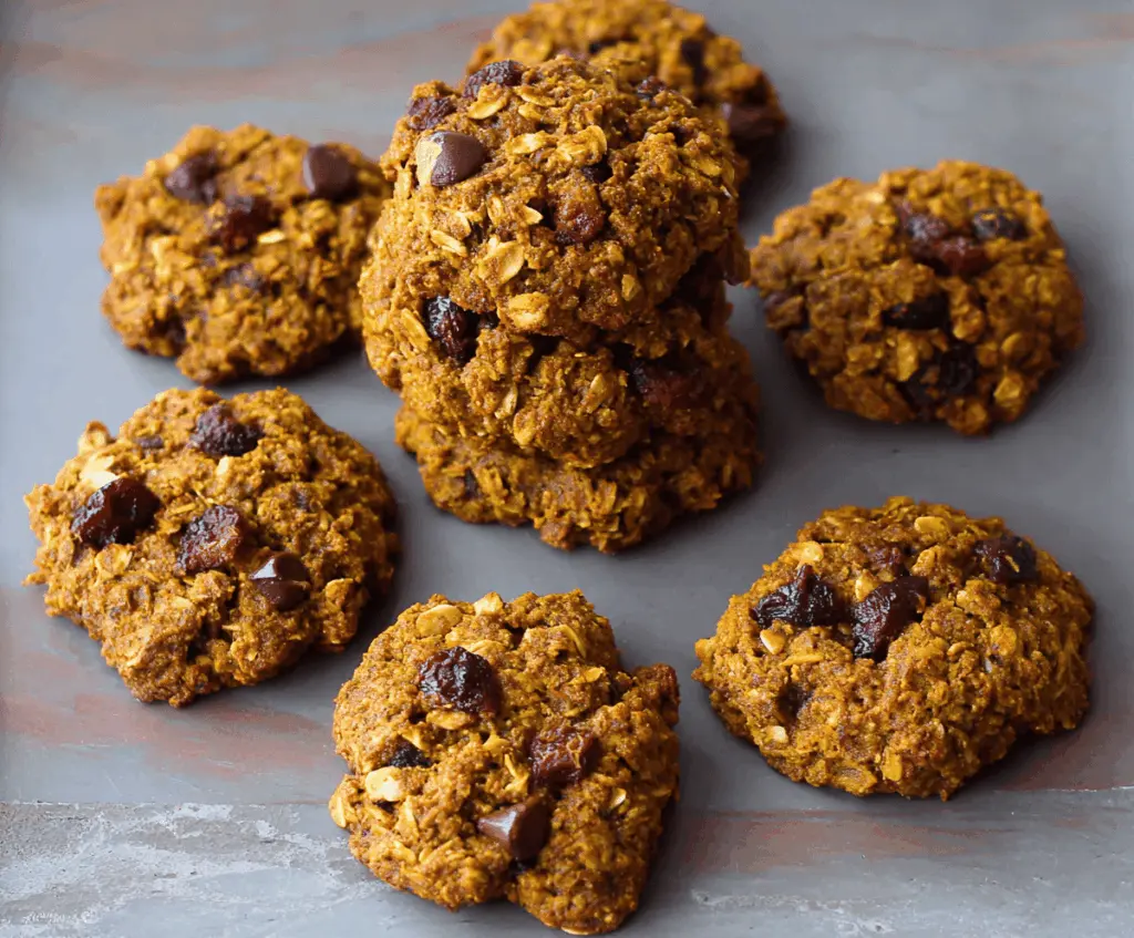 Delicious and healthy pumpkin oatmeal cookies with a golden-brown top, featuring visible oats and pumpkin chunks, served on a rustic plate perfect for fall-inspired snacking.