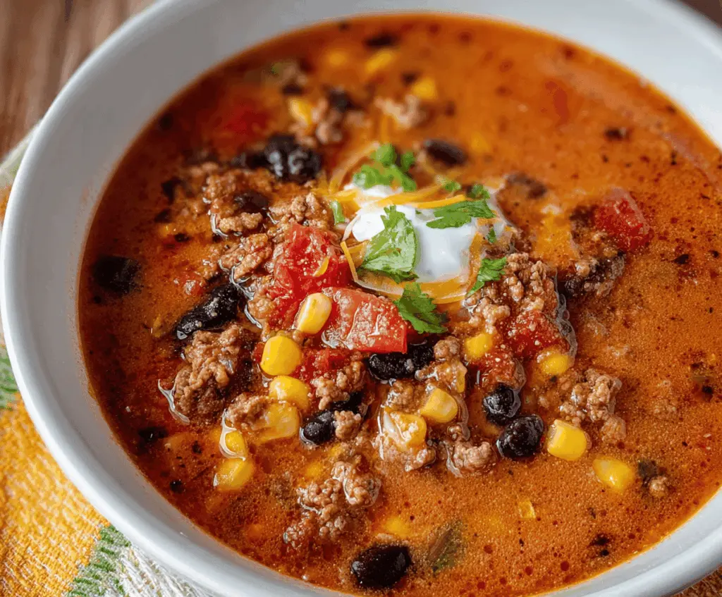 Delicious high-protein taco soup with seasoned ground beef, beans, corn, and fresh toppings in a bowl, perfect for a nutritious meal.
