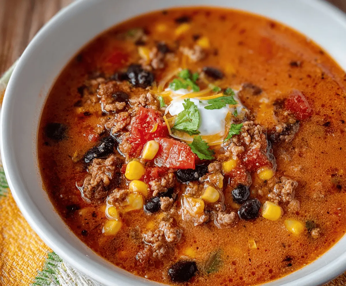 Delicious high-protein taco soup with seasoned ground beef, beans, corn, and fresh toppings in a bowl, perfect for a nutritious meal.
