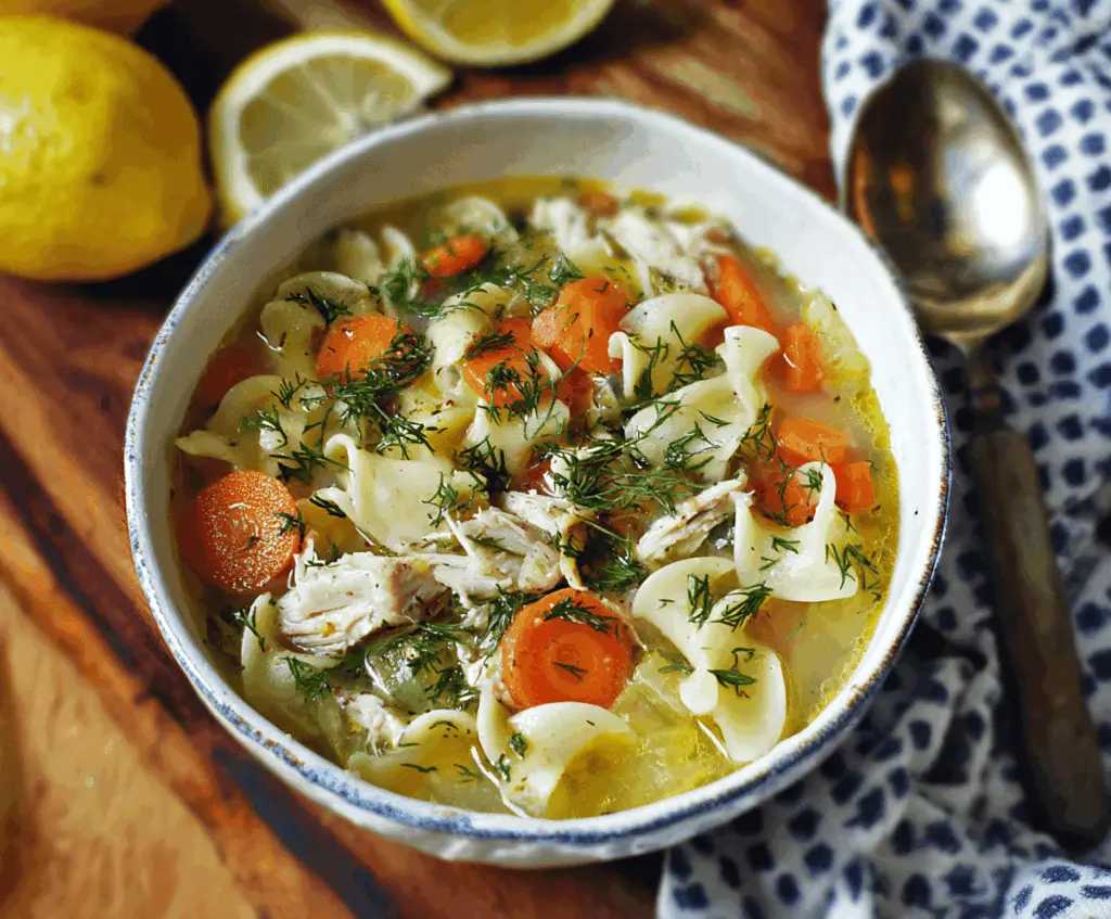 A steaming bowl of Lemon Dill Chicken Noodle Soup garnished with fresh dill and lemon slices, featuring tender chicken, noodles, and vegetables in a flavorful broth.