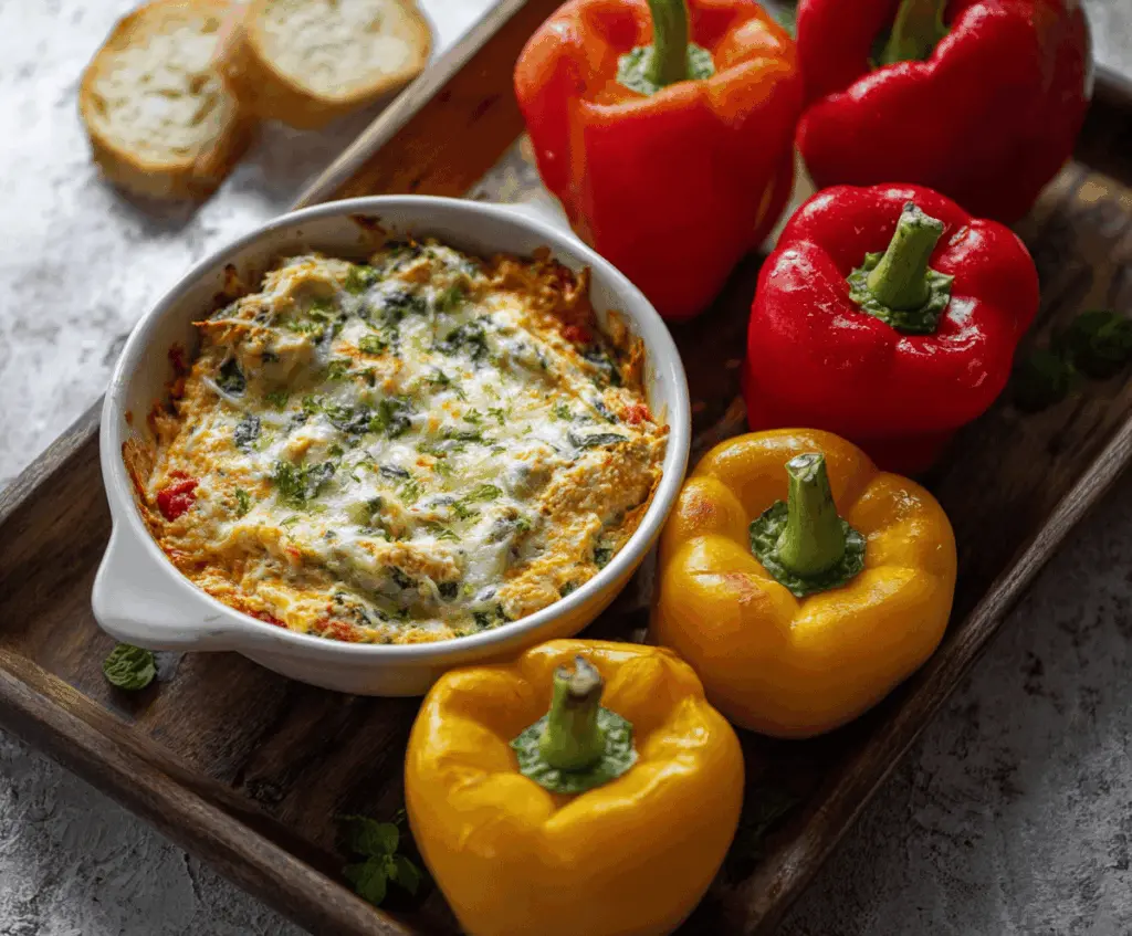 Creamy loaded bell pepper dip topped with shredded cheese, chopped herbs, and diced vegetables in a bowl, perfect for snacking or party appetizers.