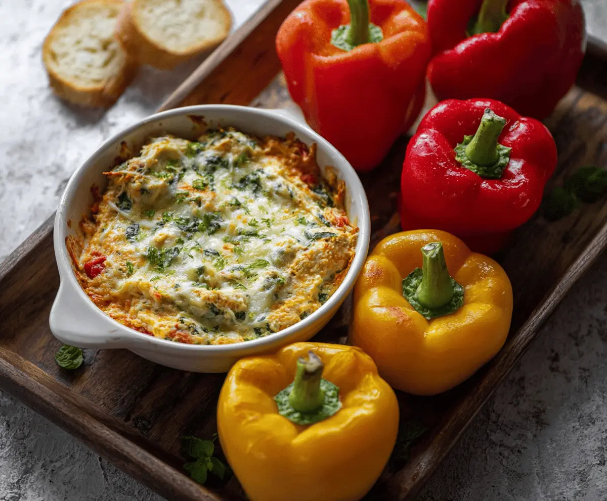 Creamy loaded bell pepper dip topped with shredded cheese, chopped herbs, and diced vegetables in a bowl, perfect for snacking or party appetizers.