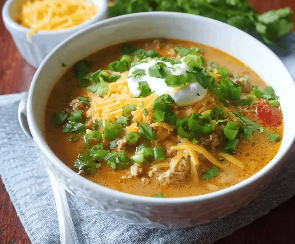 Hearty low-carb taco soup in a bowl topped with shredded cheese, sour cream, and fresh cilantro, perfect for a healthy, flavorful meal.