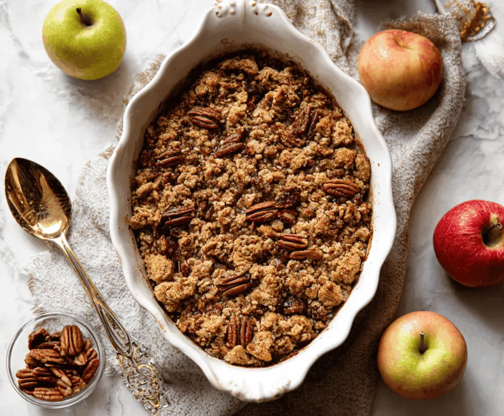 Delicious Maple Pecan Apple Crisp topped with crunchy pecans and golden caramel glaze, served in a rustic bowl, perfect for fall desserts.