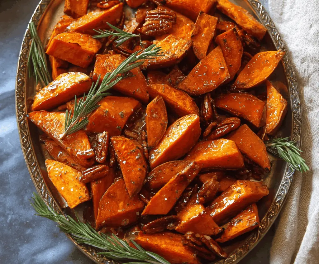 Sweet roasted sweet potatoes glazed with maple syrup, garnished with fresh herbs, served on a white plate.