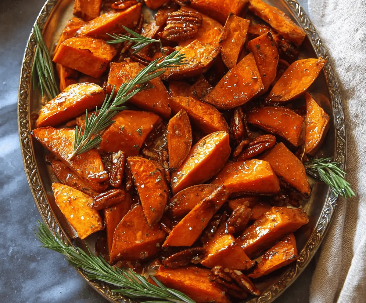Sweet roasted sweet potatoes glazed with maple syrup, garnished with fresh herbs, served on a white plate.