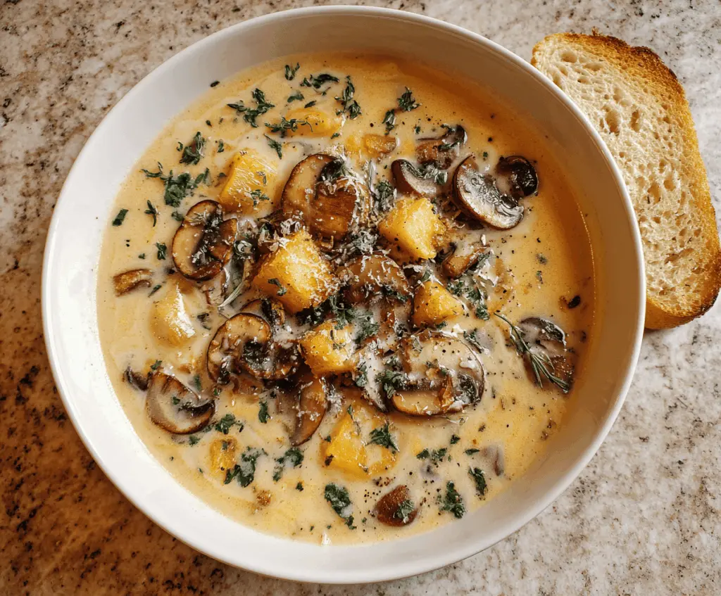Creamy mushroom and potato soup in a bowl garnished with fresh herbs, served with bread on a rustic wooden table.