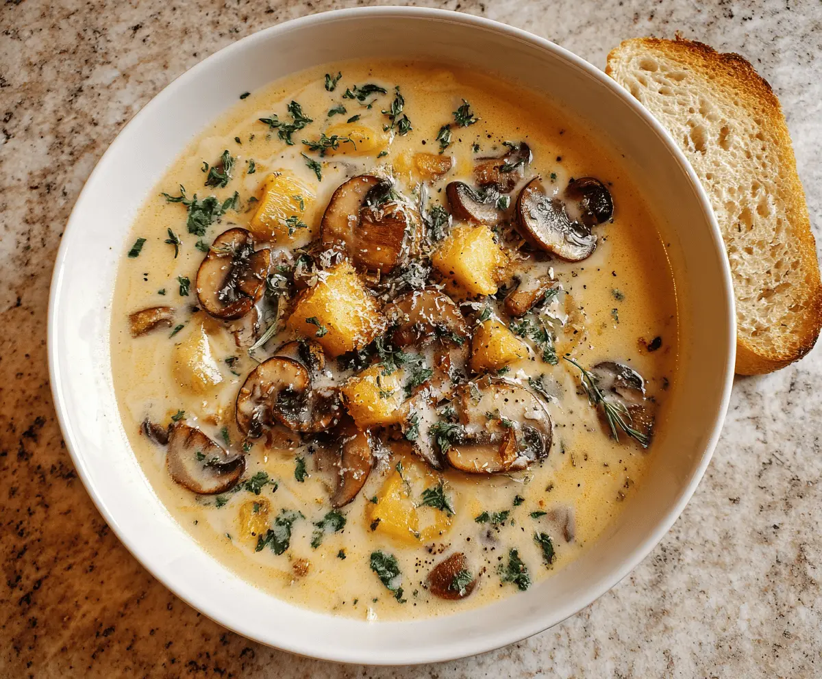 Creamy mushroom and potato soup in a bowl garnished with fresh herbs, served with bread on a rustic wooden table.