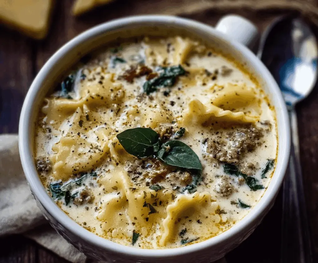 Creamy Alfredo Lasagna Soup served in a bowl with melted cheese and fresh herbs, featuring layers of pasta, ricotta, and spinach in a one-pot dish