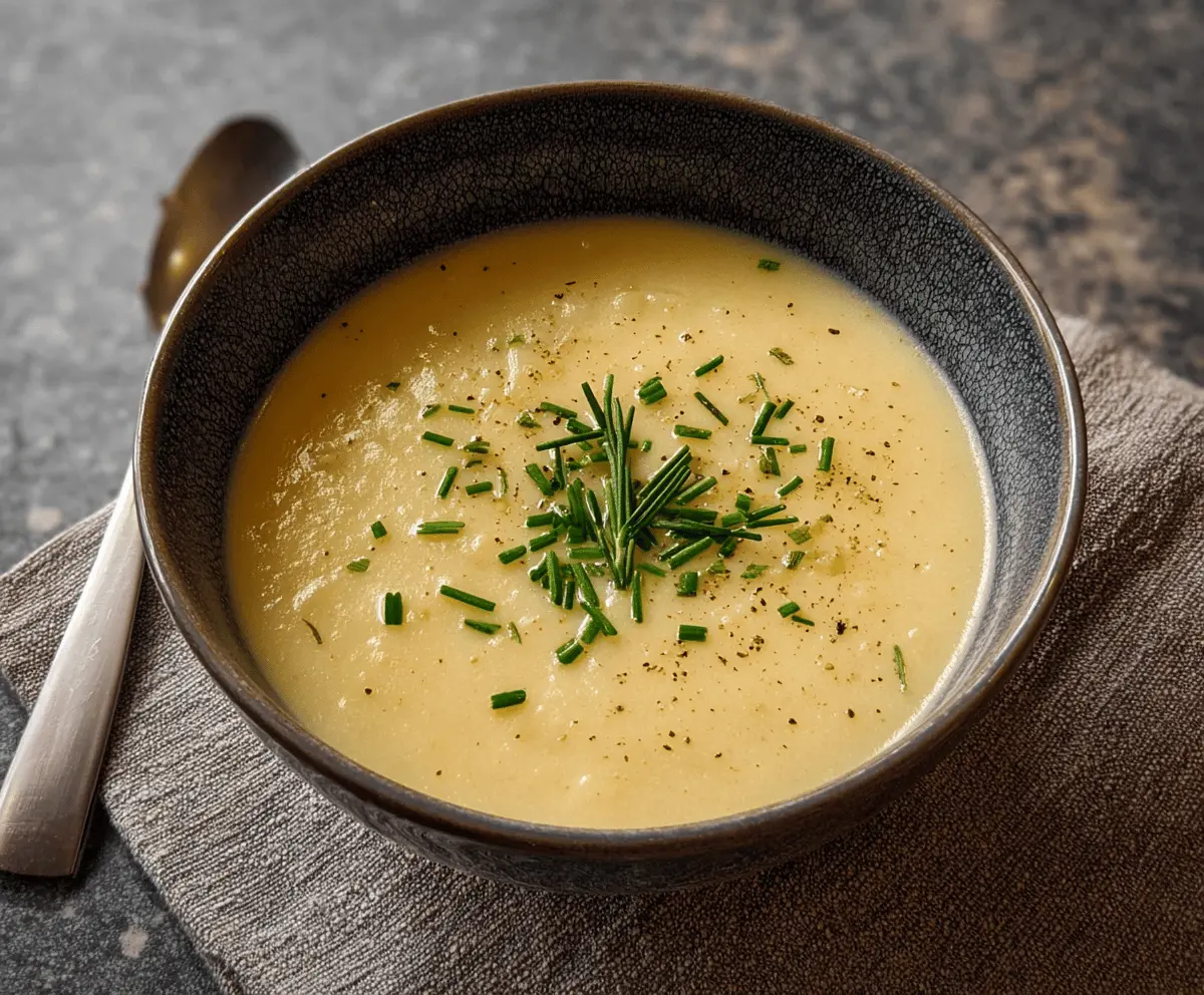 Creamy potato leek soup served in a bowl with fresh herbs, garnished with chopped leeks and a slice of crusty bread on the side.