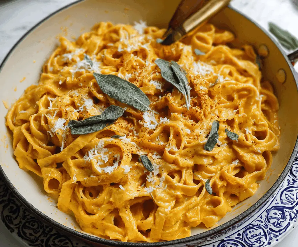 Creamy pumpkin Alfredo pasta garnished with fresh herbs and grated cheese, served in a white bowl on a rustic wooden table.