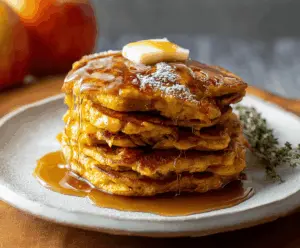 Fluffy pumpkin and apple pancakes topped with cinnamon and maple syrup on a rustic plate, perfect for breakfast or brunch