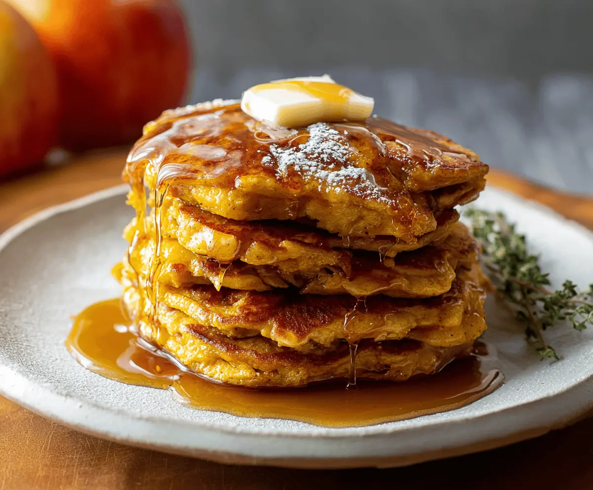 Fluffy pumpkin and apple pancakes topped with cinnamon and maple syrup on a rustic plate, perfect for breakfast or brunch