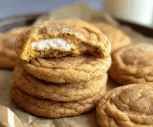 Delicious pumpkin cheesecake snickerdoodle cookies topped with cinnamon sugar and creamy pumpkin filling, perfect for fall desserts.