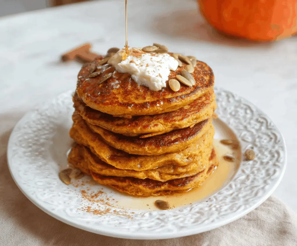 Delicious homemade pumpkin cottage cheese pancakes topped with cinnamon and fresh maple syrup on a rustic plate, perfect for a cozy breakfast.
