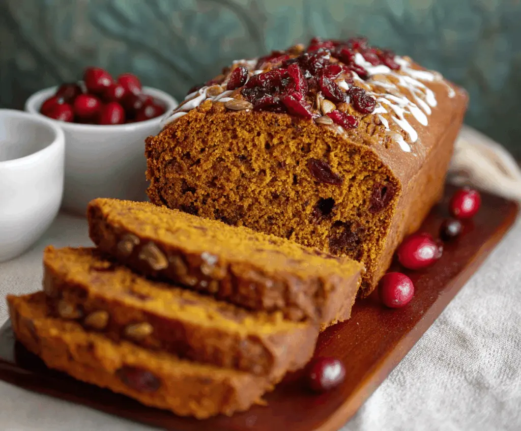 Freshly sliced Pumpkin Cranberry Bread with a golden crust and vibrant red cranberries, served on a rustic wooden board