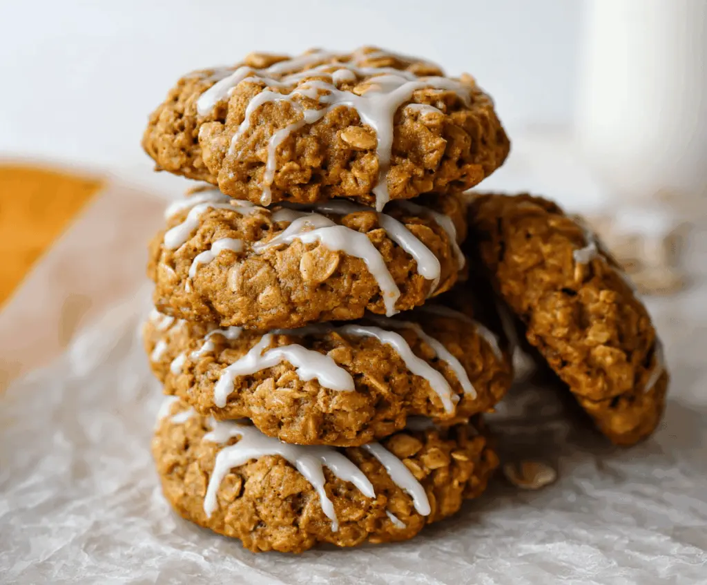 Golden Pumpkin Oatmeal Cookies with raisins and cinnamon on a white plate, ready to enjoy