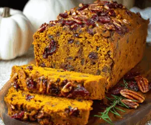 A freshly baked pumpkin pecan cranberry bread sliced to reveal its moist interior with pecans, cranberries, and pumpkin, garnished with whole pecans and fresh cranberries on a rustic wooden board.