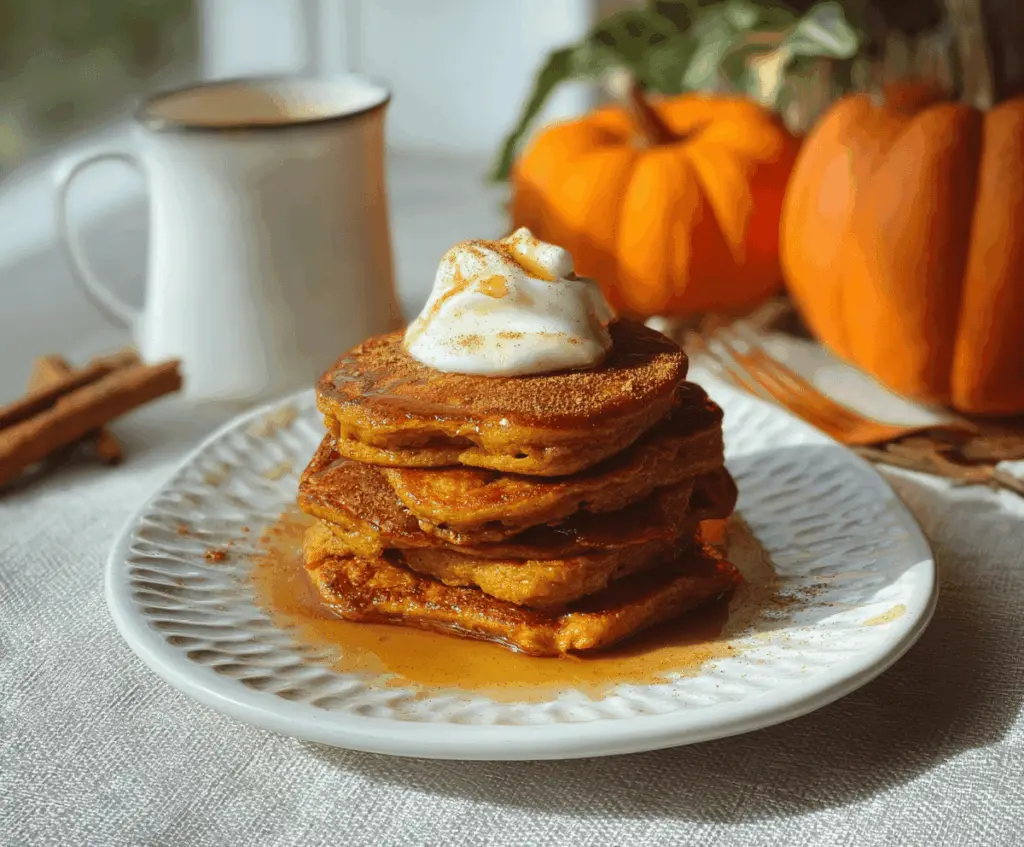 Fluffy pumpkin pie spice pancakes topped with whipped cream and cinnamon, perfect for a cozy fall breakfast.