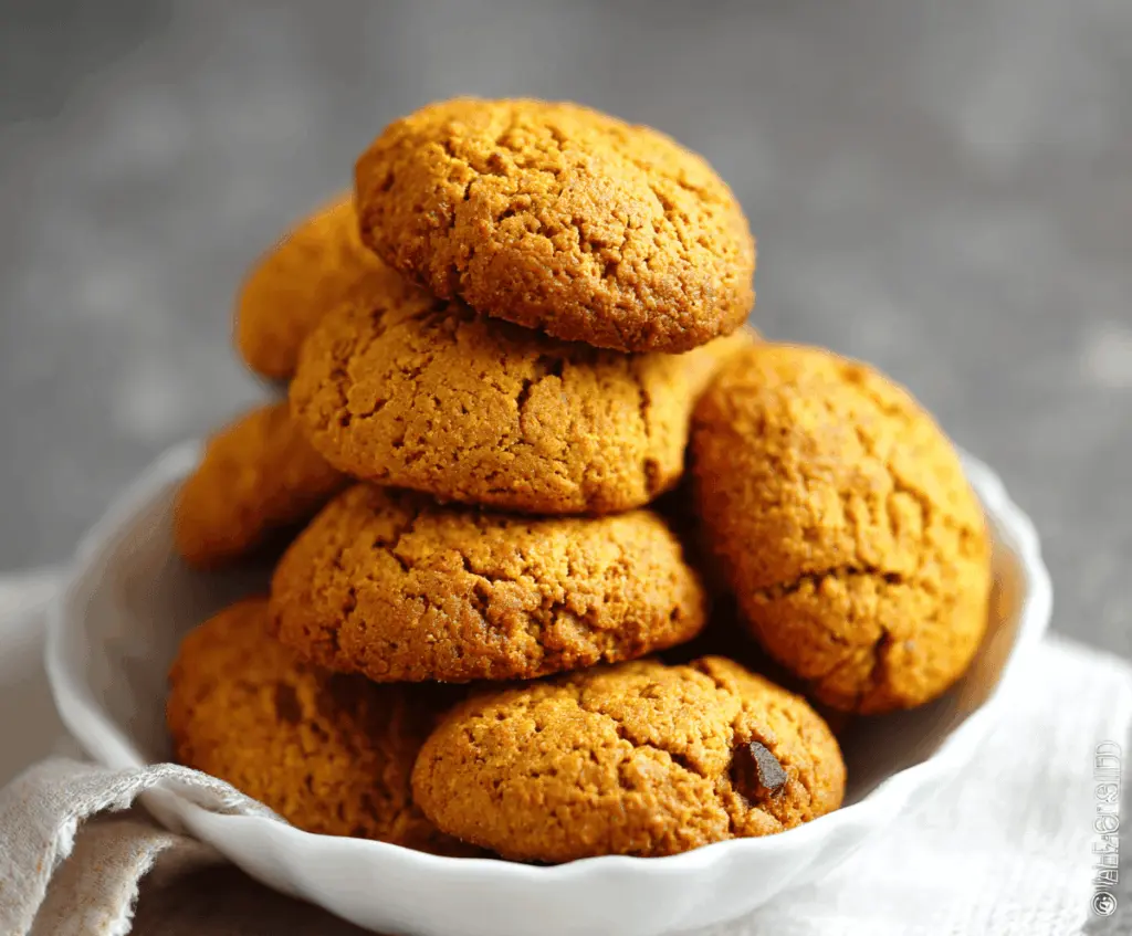 Freshly baked pumpkin protein cookies on a baking sheet with pumpkin seeds and spices, perfect for a healthy snack.