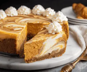 Creamy pumpkin swirl cheesecake topped with whipped cream and cinnamon, perfect for fall dessert recipes.