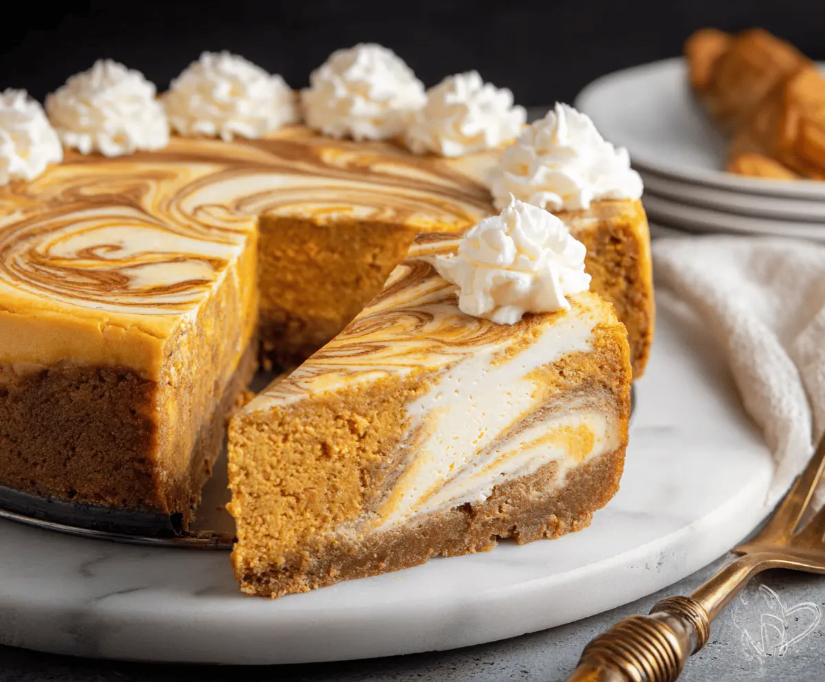 Creamy pumpkin swirl cheesecake topped with whipped cream and cinnamon, perfect for fall dessert recipes.