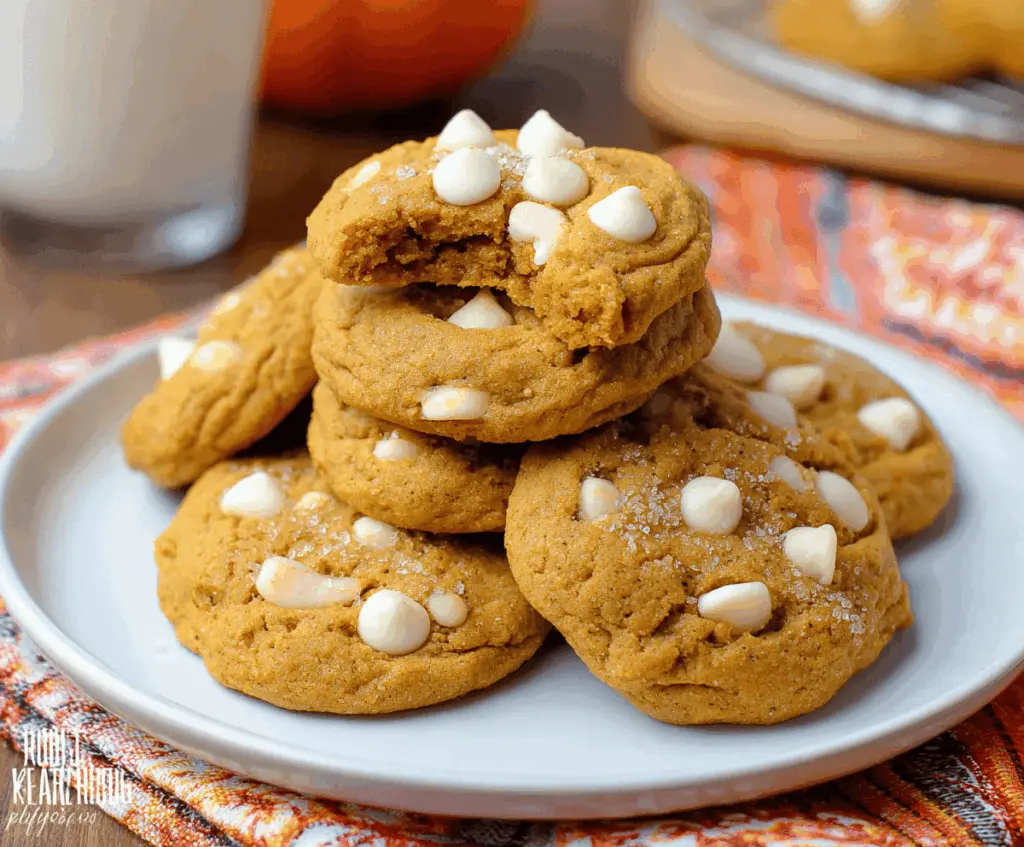 Delicious homemade pumpkin white chocolate chip cookies on a baking sheet, perfect for fall desserts.