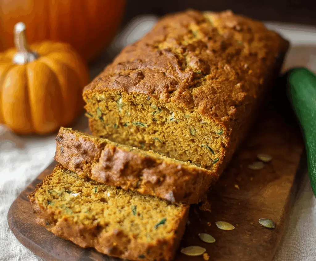 Delicious homemade Pumpkin Zucchini Bread topped with walnuts, ready to enjoy as a healthy, moist, and flavorful baked treat.