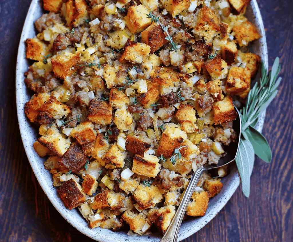 Delicious sausage, apple, and sage stuffing served in a baking dish, perfect for holiday dinners