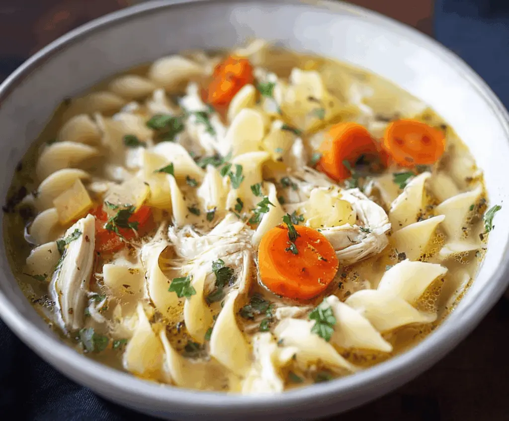 A bowl of warm homemade Slow Cooker Chicken Noodle Soup with tender chicken, noodles, vegetables, and fresh herbs served in a cozy setting.