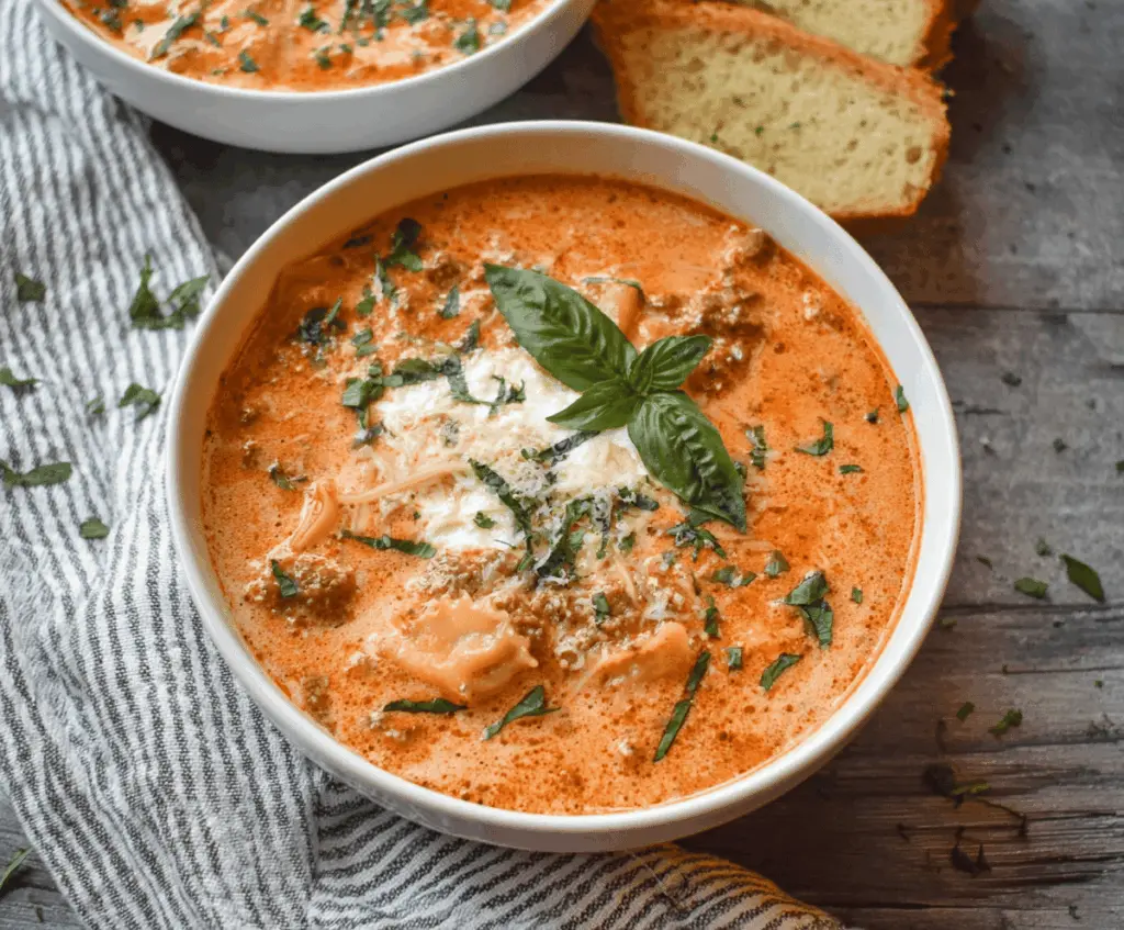 Creamy lasagna soup in a slow cooker with melted cheese, fresh herbs, and pasta, served in a bowl, perfect for cozy dinners