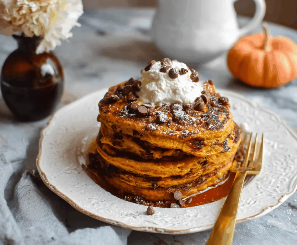 Delicious spiced pumpkin chocolate chip pancakes topped with whipped cream and cinnamon for a cozy breakfast treat.