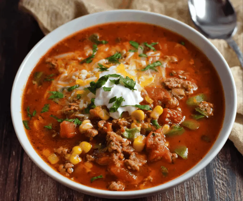 A bowl of spicy taco soup topped with shredded cheese, fresh cilantro, and sliced jalapeños, served with tortilla chips on the side.