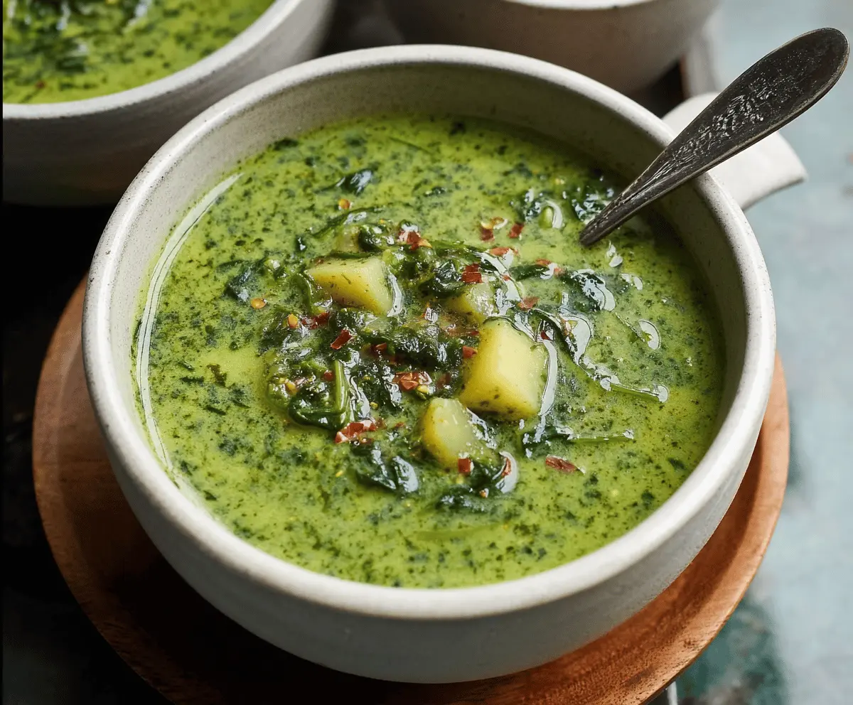 Creamy spinach and potato soup served in a bowl, garnished with fresh herbs, perfect for a comforting and healthy meal.