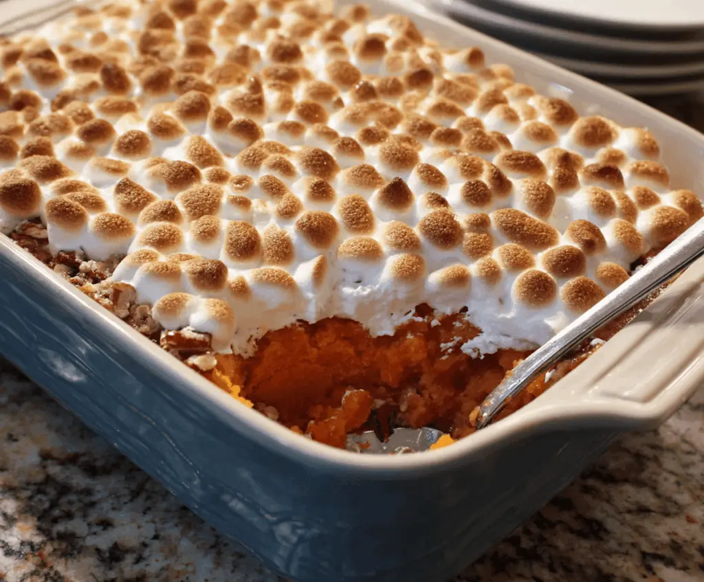Delicious sweet potato casserole topped with marshmallows and pecans, served in a baking dish perfect for holiday gatherings.