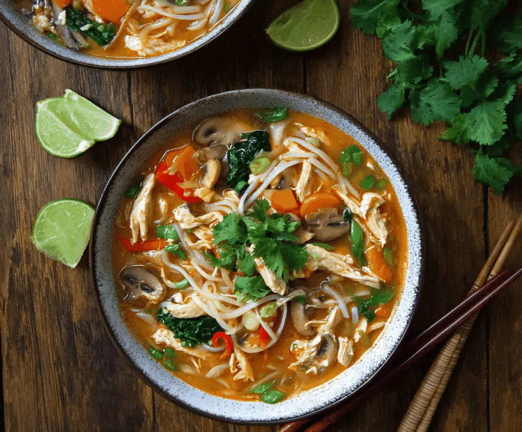 A bowl of hot Thai Chicken Noodle Soup garnished with fresh herbs and lime wedges, featuring tender chicken, rice noodles, and vibrant vegetables.