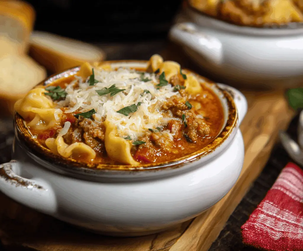 Creamy Three-Cheese Lasagna Soup with melted cheese, pasta, and fresh herbs in a bowl