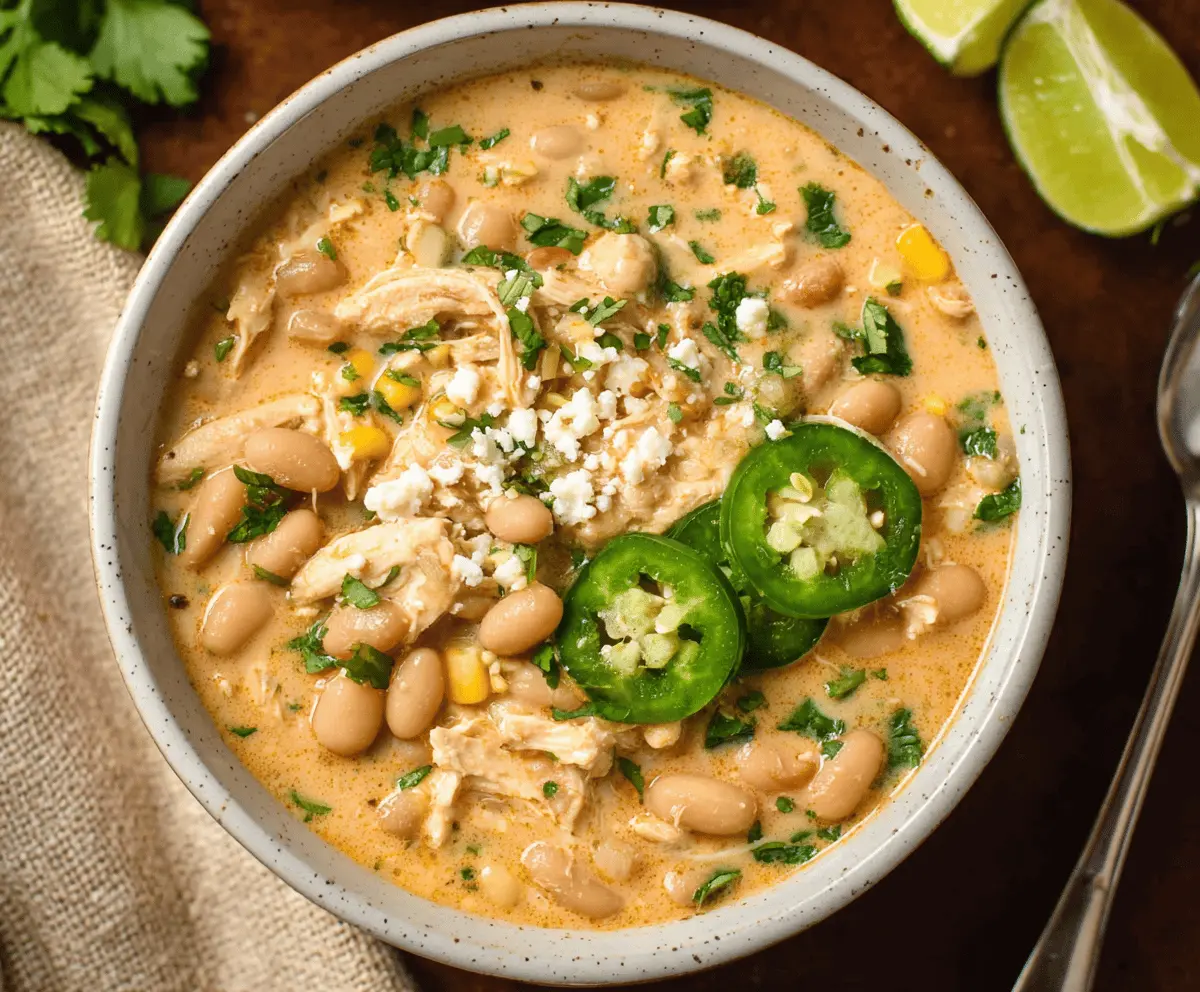 Creamy white chicken chili with tender shredded chicken, white beans, and green chilies served in a bowl garnished with fresh cilantro and a slice of lime.