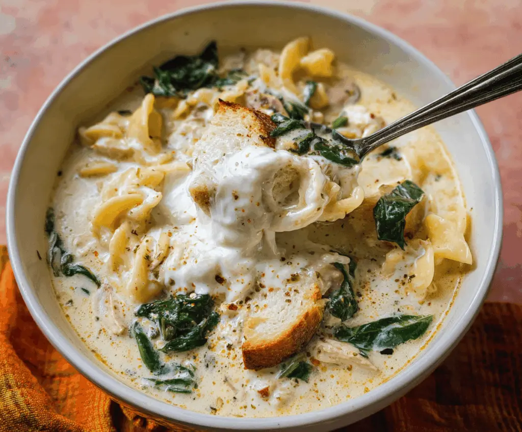 Creamy white lasagna soup in a bowl garnished with fresh basil and grated cheese, served with garlic bread on the side