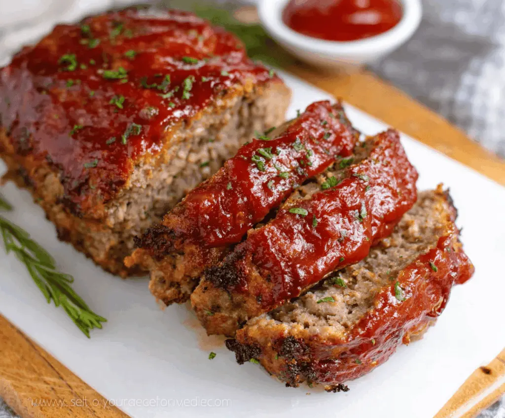 Delicious golden-brown air fryer meatloaf served on a plate with fresh herbs and vegetables