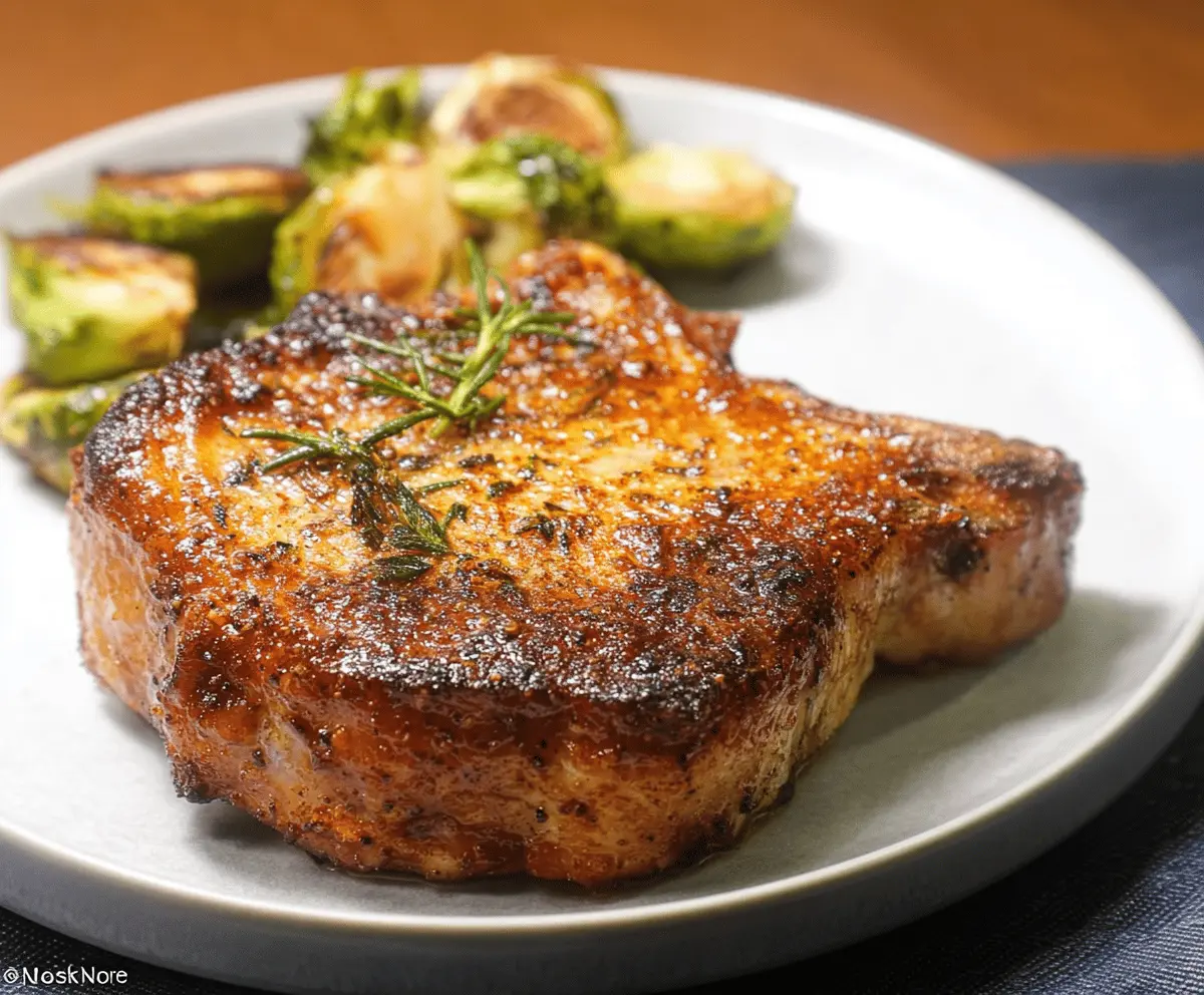 Juicy and crispy air fryer pork chops seasoned and cooked to perfection on a plate