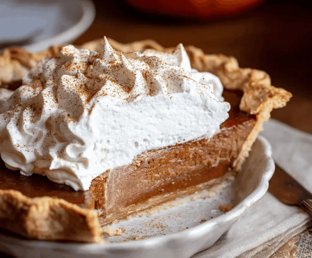 Delicious apple butter pie topped with cinnamon whipped cream, ready to serve